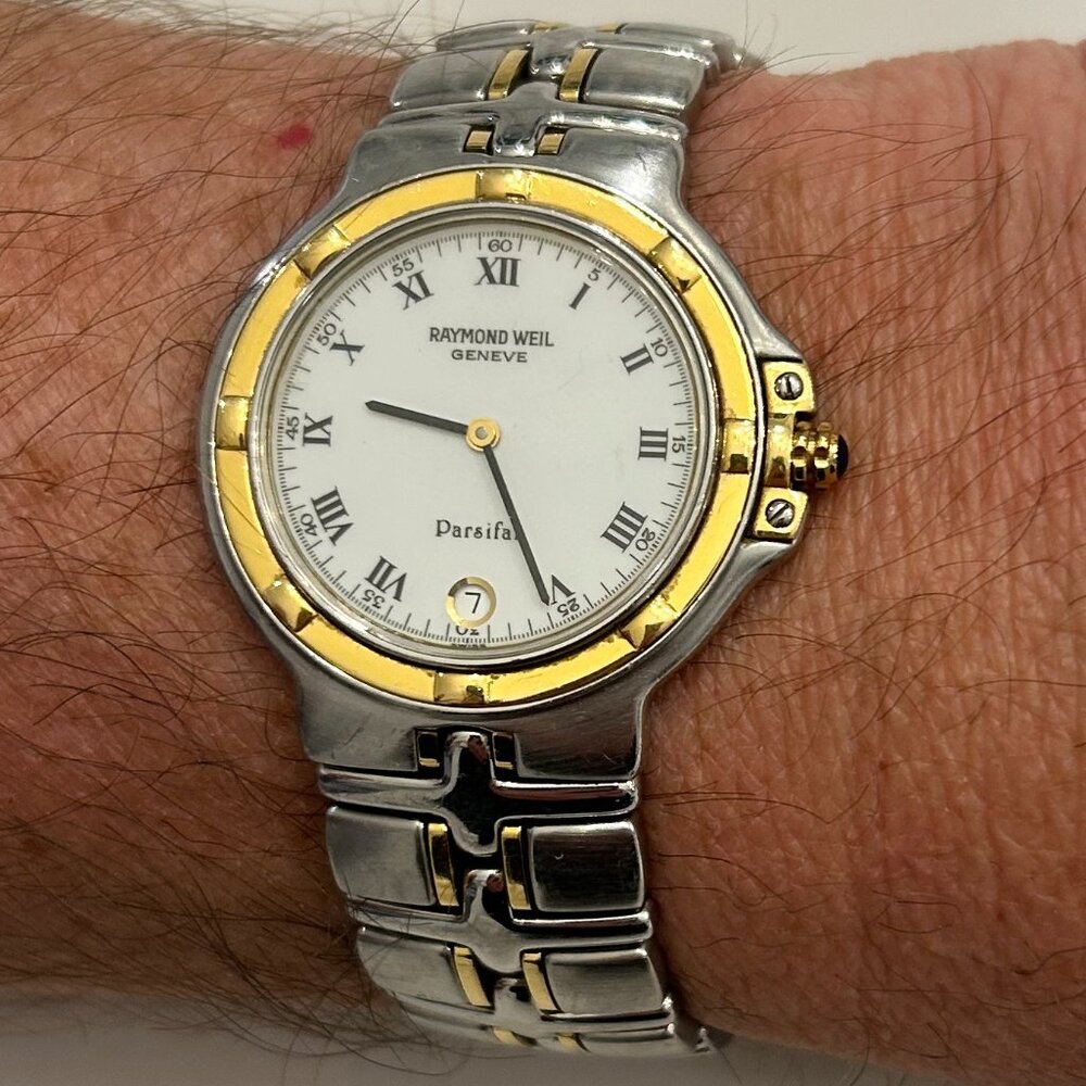 Raymond Weil Parsifal Watch Men 34mm White Dial Two Tone Date Round